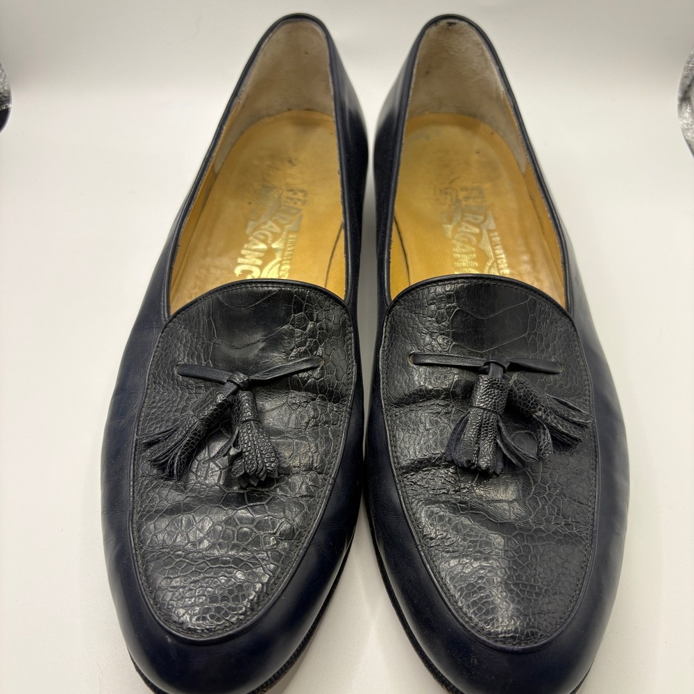 Salvatore Ferragamo Mens Navy Blue Leather Tassel Loafers 11.5 B Made in Italy